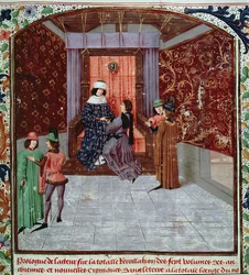Roy 15 E IV f.14 Edward IV otrzymujący książkę od autora, z Old Chronicles of England, Jean Batard de Wavrin, c.1470-80 (welum)