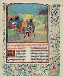 Roy 17 FI f.198 Aleksander Wielki zwracający się do swoich ludzi w nadziei na przekonanie ich do kontynuowania podróży do Indii, z Quinte Curse Ruffe des Fais du Grant Alexandre, c.1468 (welum)