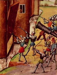 Roy 17 f.1 Żołnierze uzbrojeni w ręczne armaty oblegający zamek, z Quinte Curse Ruffe des Fais du Grant Alexandre, c.1468 (welum)