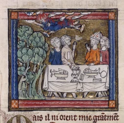 Royal 14 E.III fol.76v Siedem rąk rzuca ogień na Moysa, z „Romansu o świętym Graalu” Roberta de Borrona, c.1315 (welum)
