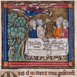 Royal 14 E. III, f.76v Seven Hands Cast Fire on Moys, ilustracja z „Historia Świętego Graala” (welin)