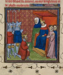 Royal 20 C.V11 John Baliol przed Edwardem I, ilustracja z „Chroniques de France ou de St. Denis”