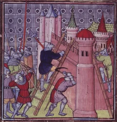 Royal 20 C.VII fol.19 Francuzi niszczą Genuę, z „Chroniques de France ou de St. Denis” koniec XIV wieku (welum)