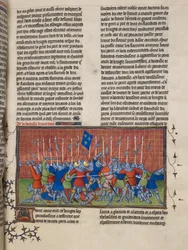 Royal 20 C. VII, f.34 Bitwa pod Courtrai, ilustracja z „Chroniques de France ou de Saint Denis” (welum)