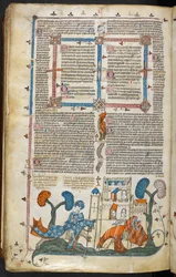 Royal MS 10 E IV f.313v, scena bas-de-page jednego rycerza z konia przed zamkiem, ok. 1300-40 (pióro i atrament oraz tempera na pergaminie)