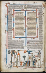 Royal MS 10 E IV f.88v, bas-de-page scena smoka atakującego zamek, ok. 1300-40 (pióro i atrament oraz tempera na pergaminie)