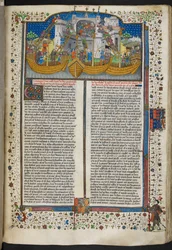 Royal MS 15 E VI, f.207 Miniatura statków oblegających Corunnę, z „Poems and Romances” lub „Talbot Shrewsbury Book”