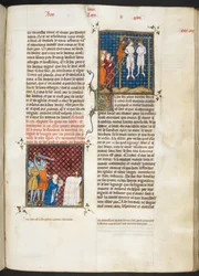 Royal MS 16 G. VI, f.306r, Zabójstwo Karola, hrabiego Flandrii, przez powieszenie (Ludwik VI, księga 20), z Les Grandes Chroniques de France