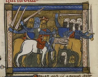 Royal MS 19 D I, f.77v Battle of Czyngis-chan i Prester John, z „Marco Polo, The Devising of the World, w poprawionej wersji przypisywanej Thibault de Cépoy”, c.1333-40 (tusz, kolor i złoto na welinowy);