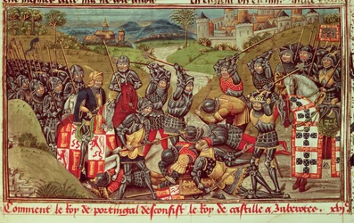 Royal Ms 14 E IV f.204: Juan I z Avis pokonuje Juana I z Kastylii w bitwie pod Aljubarrotą, Portugalia
