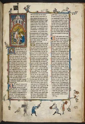 Royal Ms 14 e III f.140r Henryk II Anglii z skrybą, ilustracja z „Historia Świętego Graala, Poszukiwanie Świętego Graala, Morte Arthur”, c.1315-25 (welum)