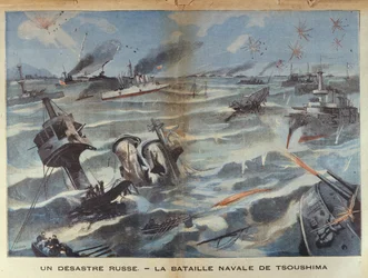 Katastrofa rosyjskiej marynarki wojennej w bitwie pod Cuszimą w 1905 roku, ilustracja z Le Petit Parisien, 2 lipca 1906