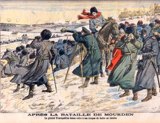 Wojna rosyjsko-japońska - po bitwie pod Mukdenem Rosyjski dowódca generał Kuropatkin nakazuje odwrót swojej armii. Wojna rosyjsko-japońska (1904-1905) - po bitwie pod Mukden. Generał Kuropatkin rozkazuje swoim żołnierzom odwrót. Ilustracja do Le p