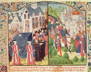 Pogrzeb św. Ludwika w Paryżu w 1270 r. i Przybycie Karola V do Reims w 1364 r. na koronację w katedrze, z rękopisu „Chroniques” Jeana Froissarta (ok. 1337-ok. 1405) (wellum)