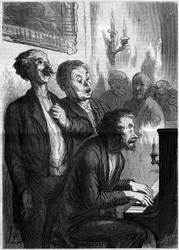 Salon piosenkarzy. Karykatura Honore Daumiera (1808-1879). Grawer w „”Le Monde Illustré””n°290 z dnia 1 listopada 1862 r.