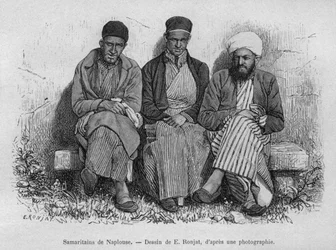 Samarytanie z Nablusu z dzisiejszej Syrii. Podróżuje po Fenicji, Libanie i Judei. 1875-1880 Louis Charles Emile Lortet, 1884 (bw grawerowanie)