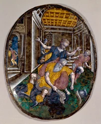 Samson i Dalila Samson tracą siły po tym, jak Dalila obcięła włosy. Broszura Limoges. ok. 1575 Londyńskie Muzeum Wiktorii i Alberta