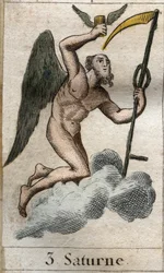 Saturn, bóg rolnictwa i zbiorów, jest przedstawiony z sierpem. Z „Mitologii młodości” Pierre