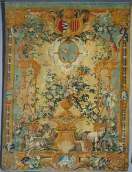 Panel Savonnerie: Wiosna z herbem, producent Fabryka Savonnerie, Francja, przed 1717 r.