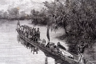 Savorgnan of Brazza w czółnie w pandanusie Afryki Zachodniej - w „Tour du Monde”, 2 tydzień 1887