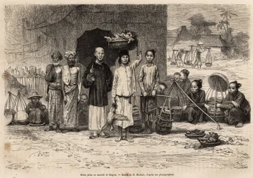 Scene du marche de Saigon, rycina według rysunku D.Maillarda, ilustrująca podróż do Cochinchine, autorstwa doktora Morice