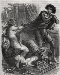 Scena z Biblii: „”Złapała za tunikę zbyt cnotliwego młodzieńca”””. Żona Putifara (Potifara) próbuje uwieść Józefa, niewolnika faraona. Grawer z 1871 r. w „Histoire Des Cocus Celebres” Henry