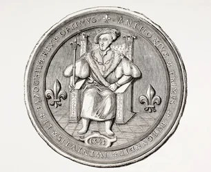 Pieczęć króla Basoche, przywódcy cechu pisarzy prawnych paryskiego systemu sądowniczego, z Les Arts au Moyen Age, opublikowano w 1873 roku