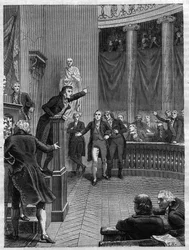 Seance du Tribunat: przemówienie Benjamina Constanta (1767-1830) na trybunie potępiającej reżim postawiony przez Napoleona, styczeń 1800 r. - Rycina z 1865 r. w „Histoire du Consulate et de l’Empire” Louisa Adolphe Thiersa – francuskiego polityka Benjamin 