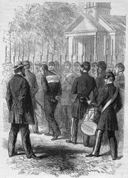 Wojna secesyjna (1861-1865) lub wojna secesyjna: kara dla żołnierza broni północnej oskarżonego o hete w walce. Ze związanymi rękami, z napisem „Lache” na plecach, na dźwięk bębna przemierza obóz. Grawerowanie w „” Le Monde Illustré”” n°