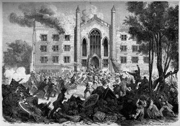 Wojna secesyjna lub wojna secesyjna (1861-1865) - Nowy Jork - lipiec 1863: sprzeciw wobec poboru, rebelianci podpalili azyl dla kolorowych sierot w Nowym Jorku podczas „Zamieszek Draf”. Grawerowanie w „”Le Monde Illustré””n°331 z dnia 15 sierpnia