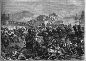 Druga Koalicja (1798-1800): Bitwa pod Stockach 3 maja 1800 przeciwko Francji i Austrii - Rycina z 1865 w „Histoire du Consulate et de l