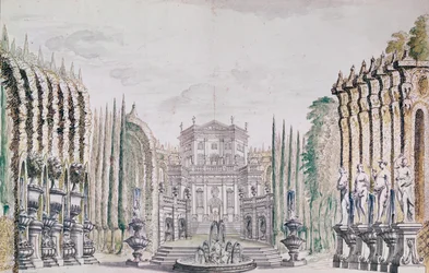 Scenografia pałacu dla teatru, ok. 1660-80 (pióro i atrament oraz wc na papierze)