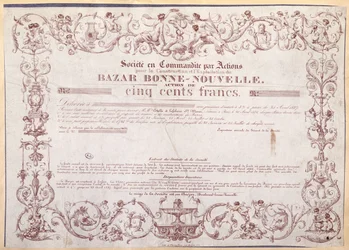 Certyfikat akcji na 500 franków dla Bazar Bonne-Nouvelle, 1836
