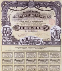 Świadectwo akcji na 100 franków dla francusko-rosyjskiej spółki wydobywczej Joltaia-Rieka, 1899