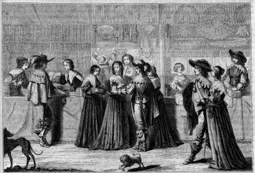 Sklepy w Galerie du Palais (Paryż), połowa XVII wieku. Od lewej do prawej: księgarnia, sklep z pasmanterią oraz sklep z ogonami, rękawiczkami i koronkami. Grawer Foulquier w „”Le Magasin malownicze””