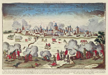 Oblężenie i bombardowanie Lille przez Albert de Saxe-Teschen, wrzesień-październik 1792 (kolorowe grawerowanie)