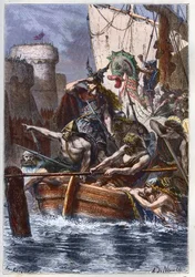 Oblężenie Paryża (885-887): najazd Normanów (Wikingów) w 886 roku - wikiński łupieżca Rollo (Rollon) Leśniczy atakuje Paryż przez Sekwanę w 885 roku n.e. - rycina z «Histoire de France racontée à mes petits-enfants» François Guizota - 1872-1876