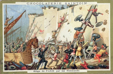 Oblężenie Paryża przez Normanów w IX wieku, reklama Chocolaterie Saintoin, ok. 1900