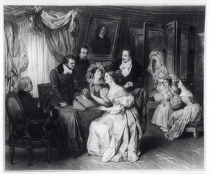 Podpisanie kontraktu małżeńskiego w kancelarii adwokackiej, ok. 1840 r.
