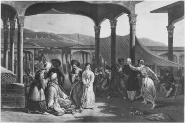 Bazar niewolników, Algier, Algieria, ok. 1820 (lit.) (zdjęcie czarno-białe)