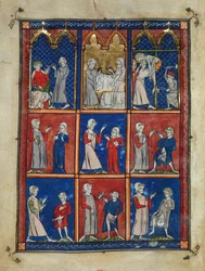 Sloane 1977, f.7v Chirurgia: Józef z Arymetei prosi o ciało Chrystusa, Józefa i kobietę z bielizną pogrzebową oraz Złożenie, a poniżej dwie kobiety przedstawiające chorą pierś lekarzowi i czterech mężczyzn z różnymi chorobami narządów płciowych.