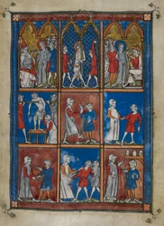 Sloane MS 1977 fol.6r Dziewięć miniatur przedstawiających sceny biblijne i medyczne. Powyżej Chrystus przed Kajfaszem i Piłatem; biczowanie. Centrum i poniżej, lekarze leczący pacjentów z powodu złamań kości i innych dolegliwości