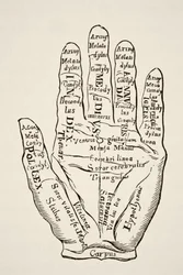 Wzór lewej dłoni z liniami i ich nazwami horoskopowymi, z dzieła "Nauka i literatura w średniowieczu" Paula Lacroix, opublikowanego w Londynie w 1878 roku