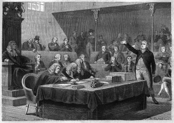 Przemówienie Depute Foxa do parlamentu Anglii na temat francuskiej inwazji na Szwajcarię, listopad 1802 - Rycina z „Histoire du Consulate et de l