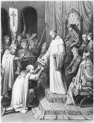 Święty Bernard, opat Clairvaux, przekazuje templariuszom ich reguły