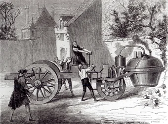 Samochód parowy wynaleziony przez Nicolasa Josepha Cugnota (1725-1804) w 1771 roku, 1886