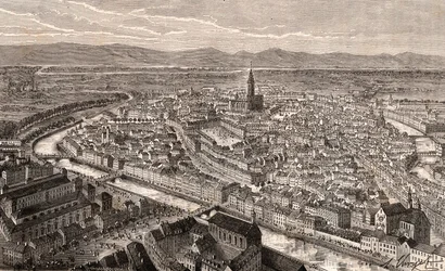 Strasburg - Bas-Rhin, w Alzacji - rycina w „La France illustrée: geography, history, statistic management” autorstwa V.A. Malt-Browna. 1884