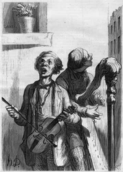 Śpiewacy uliczni. Karykatura Honore Daumiera (1808-1879). Grawer w „Le Monde Illustré” nr 297 z 20 grudnia 1862 r.