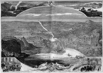 Kanał Sueski: panoramiczny widok na dziurę w Przesmyku Sueskim (Egipt), której budowę rozpoczęto w 1859 roku. Grawerowanie autorstwa Morina w „”The Illustrous World”” nr 84 z 20 listopada