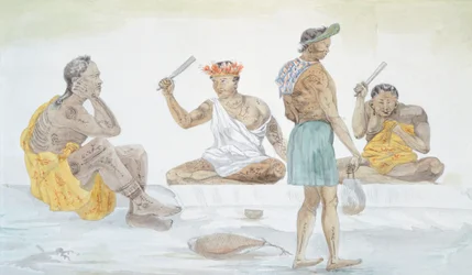 Tahitańskie trzepaczki, autorstwa LF Lejeune z Podróży Ludwika I Duperrey (1822-1825), Polinezja XIX w. Akwarela